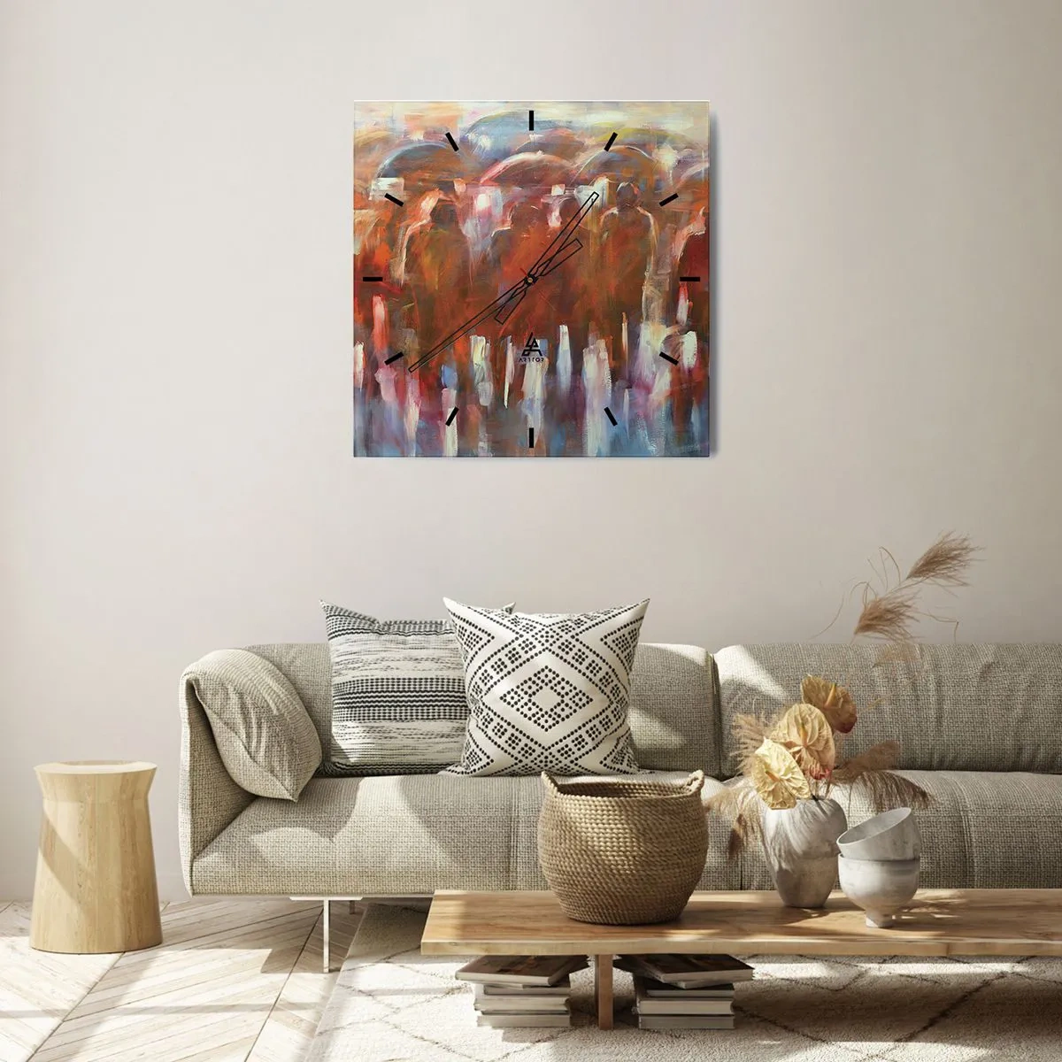 Reloj de pared - Reloj de vidrio - Una multitud de personas con paraguas en un entorno artístico y lluvioso. - 30x30cm - Iguales entre la niebla - Decoración de pared moderna para salón y dormitorio ARTTOR