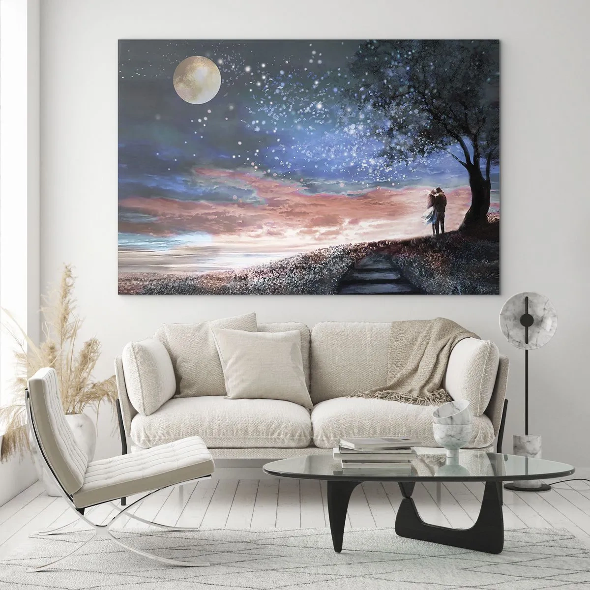 Cuadro sobre vidrio - Impresiones sobre Vidrio - Una pareja de enamorados bajo un árbol con la luna y las estrellas. - 70x50cm - Un espectáculo estelar - Decoración de pared moderna para salón y dormitorio ARTTOR