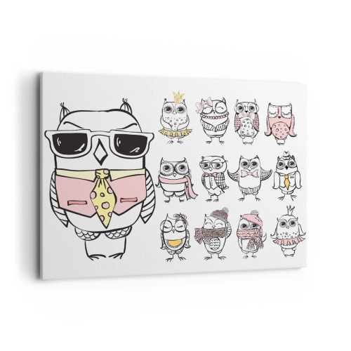 Cuadro sobre lienzo - Impresión de Imagen - Búhos en diferentes estilos y ropas. - 100x70cm - Tantos papeles que desempeñar - Decoración de pared moderna para salón y dormitorio ARTTOR