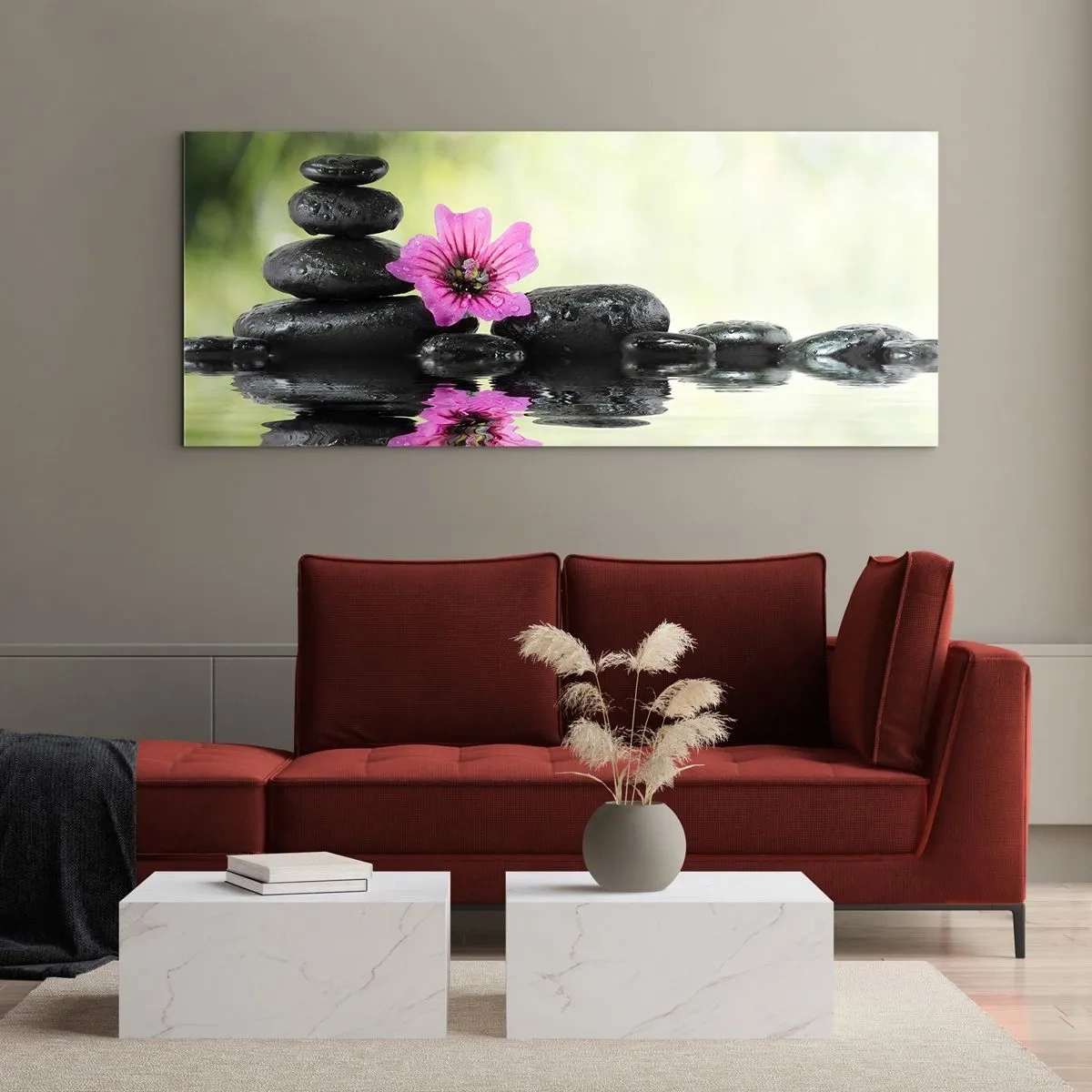 Cuadro sobre vidrio - Impresiones sobre Vidrio - Piedras zen y una flor rosa reflejada en el agua. - 120x50cm - Tiempo para el alma - Decoración de pared moderna para salón y dormitorio ARTTOR