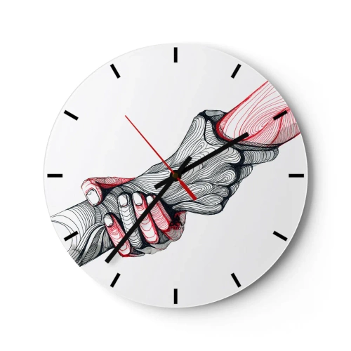 Reloj de pared - Reloj de vidrio - Manos artísticas en un apretón de manos, diseño de contorno negro y rojo. - 30x30cm - Estás en buenas manos - Decoración de pared moderna para salón, cocina y dormitorio ARTTOR