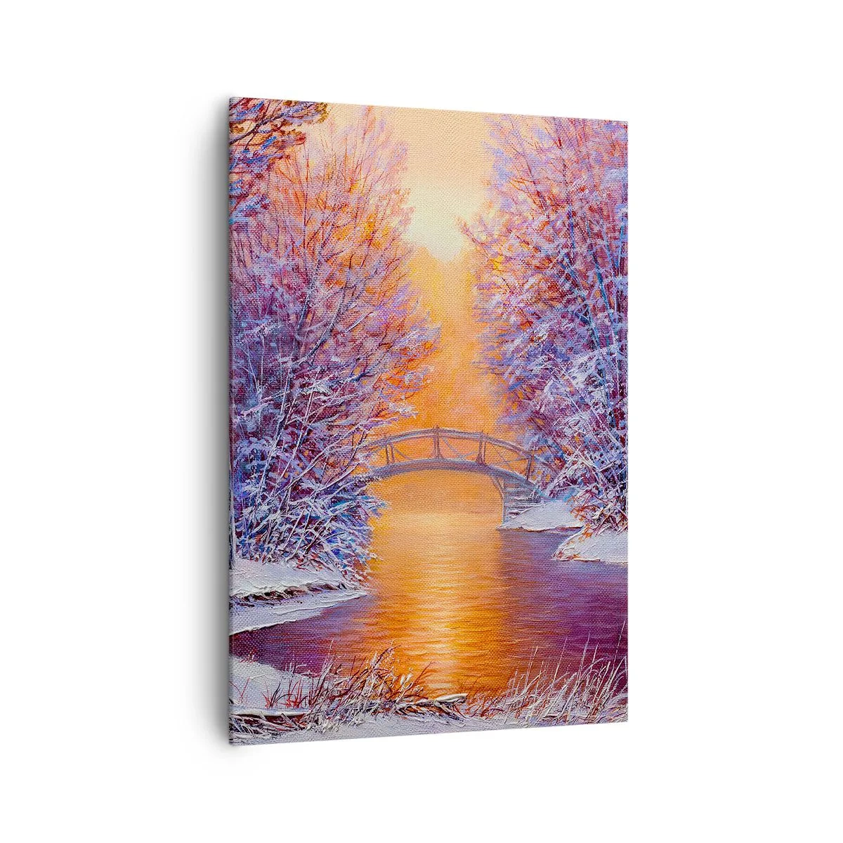 Cuadro sobre lienzo - Impresión de Imagen - Paisaje invernal con puente y puesta de sol - 70x100cm - Reunámonos aquí - Decoración de pared moderna para salón y dormitorio ARTTOR