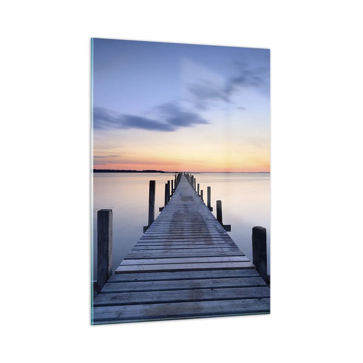 Cuadro sobre vidrio - Impresiones sobre Vidrio - Un embarcadero de madera sobre un lago tranquilo al atardecer. - 50x70cm - La calma de un crepúsculo sereno - Decoración de pared moderna para salón y dormitorio ARTTOR