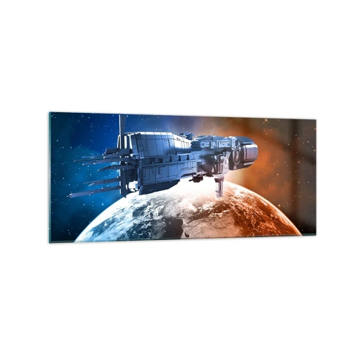 Cuadro sobre vidrio - Impresiones sobre Vidrio - Una nave espacial con un planeta en el espacio como telón de fondo. - 120x50cm - Un observador atento - Decoración de pared moderna para salón y dormitorio ARTTOR