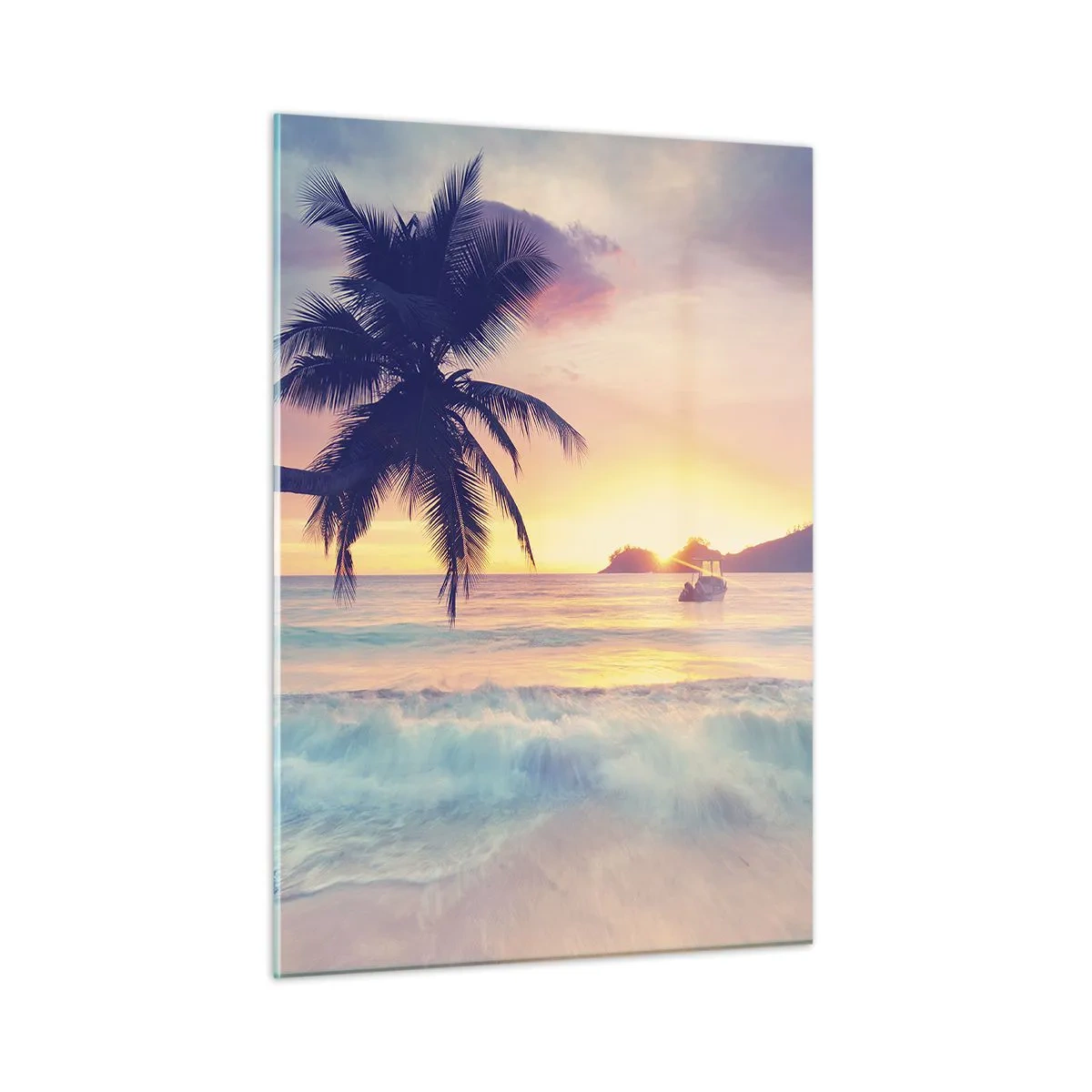 Cuadro sobre vidrio - Impresiones sobre Vidrio - Playa de palmeras al atardecer con un barco en el horizonte - 50x70cm - Atardecer en la bahía - Decoración de pared moderna para salón y dormitorio ARTTOR