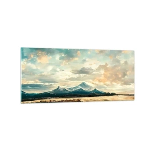 Cuadro sobre vidrio - Impresiones sobre Vidrio - Un paisaje pintoresco con una montaña y un lago tranquilo. - 120x50cm - Bajo la protección del cielo - Decoración de pared moderna para salón y dormitorio ARTTOR