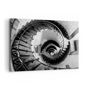 Cuadro sobre lienzo - Impresión de Imagen - Fotografía en blanco y negro de una escalera de caracol con perspectiva de arriba hacia abajo. - 100x70cm - Cada vez más alto - Decoración de pared moderna para salón y dormitorio ARTTOR