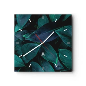 Reloj de pared - Reloj de vidrio - Primer plano de hojas verdes con un fondo oscuro - 30x30cm - El propio verde - Decoración de pared moderna para salón y dormitorio ARTTOR