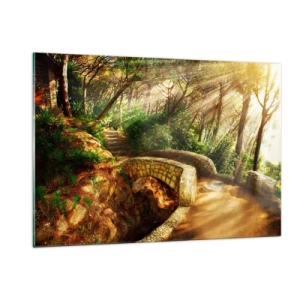Cuadro sobre vidrio - Impresiones sobre Vidrio - Los rayos del sol iluminan el puente y el sendero del bosque. - 120x80cm - Directamente desde el puente hacia el bosque de las hadas - Decoración de pared moderna para salón y dormitorio ARTTOR