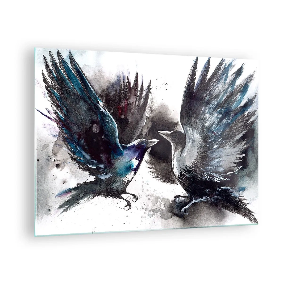 Cuadro sobre vidrio - Impresiones sobre Vidrio - Dos cuervos en una pose dinámica con las alas extendidas. - 70x50cm - De cuervo a cuervo... - Decoración de pared moderna para salón y dormitorio ARTTOR