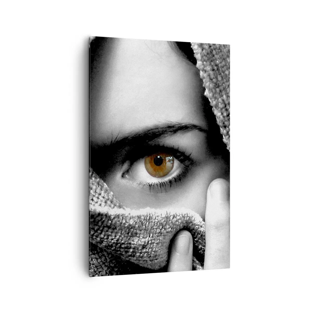 Cuadro sobre lienzo - Impresión de Imagen - Retrato de una mujer con un ojo color ámbar cubierto con una tela en tonos grises. - 80x120cm - Conoce el misterio - Decoración de pared moderna para salón y dormitorio ARTTOR