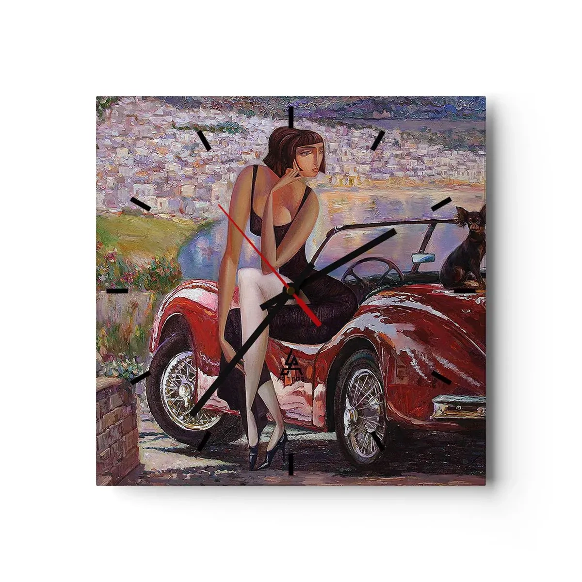 Reloj de pared - Reloj de vidrio - Una mujer junto a un coche rojo con un pueblo al fondo - 30x30cm - Paseo veraniego - Decoración de pared moderna para salón y dormitorio ARTTOR