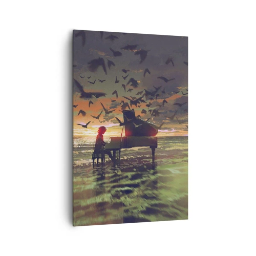 Cuadro sobre lienzo - Impresión de Imagen - Un piano en la orilla del mar al atardecer con pájaros. - 80x120cm - Concierto de piano y olas - Decoración de pared moderna para salón y dormitorio ARTTOR