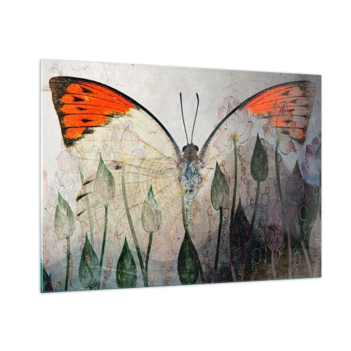 Cuadro sobre vidrio - Impresiones sobre Vidrio - Una mariposa artística rodeada de delicadas flores sobre un fondo gris. - 100x70cm - Donde la mariposa se mece en la hierba - Decoración de pared moderna para salón y dormitorio ARTTOR