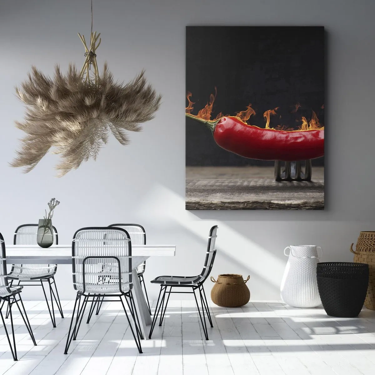 Cuadro sobre lienzo - Impresión de Imagen - Pimiento rojo flameado en un tenedor - 50x70cm - Un aperitivo ardiente - Decoración de pared moderna para salón y dormitorio ARTTOR