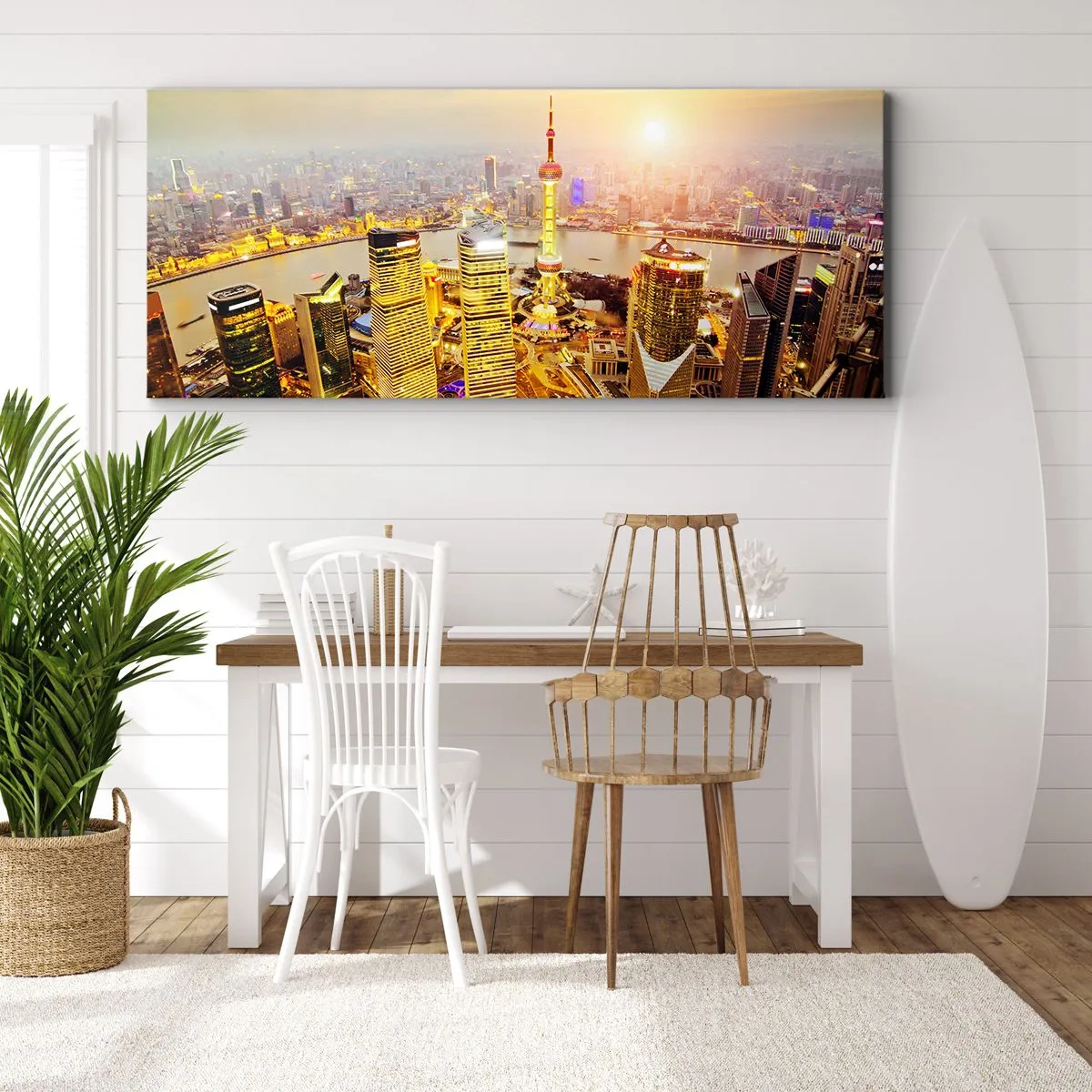 Cuadro sobre lienzo - Impresión de Imagen - Panorama de la ciudad con rascacielos al atardecer - 160x50cm - Sueño asiático - Decoración de pared moderna para salón y dormitorio ARTTOR