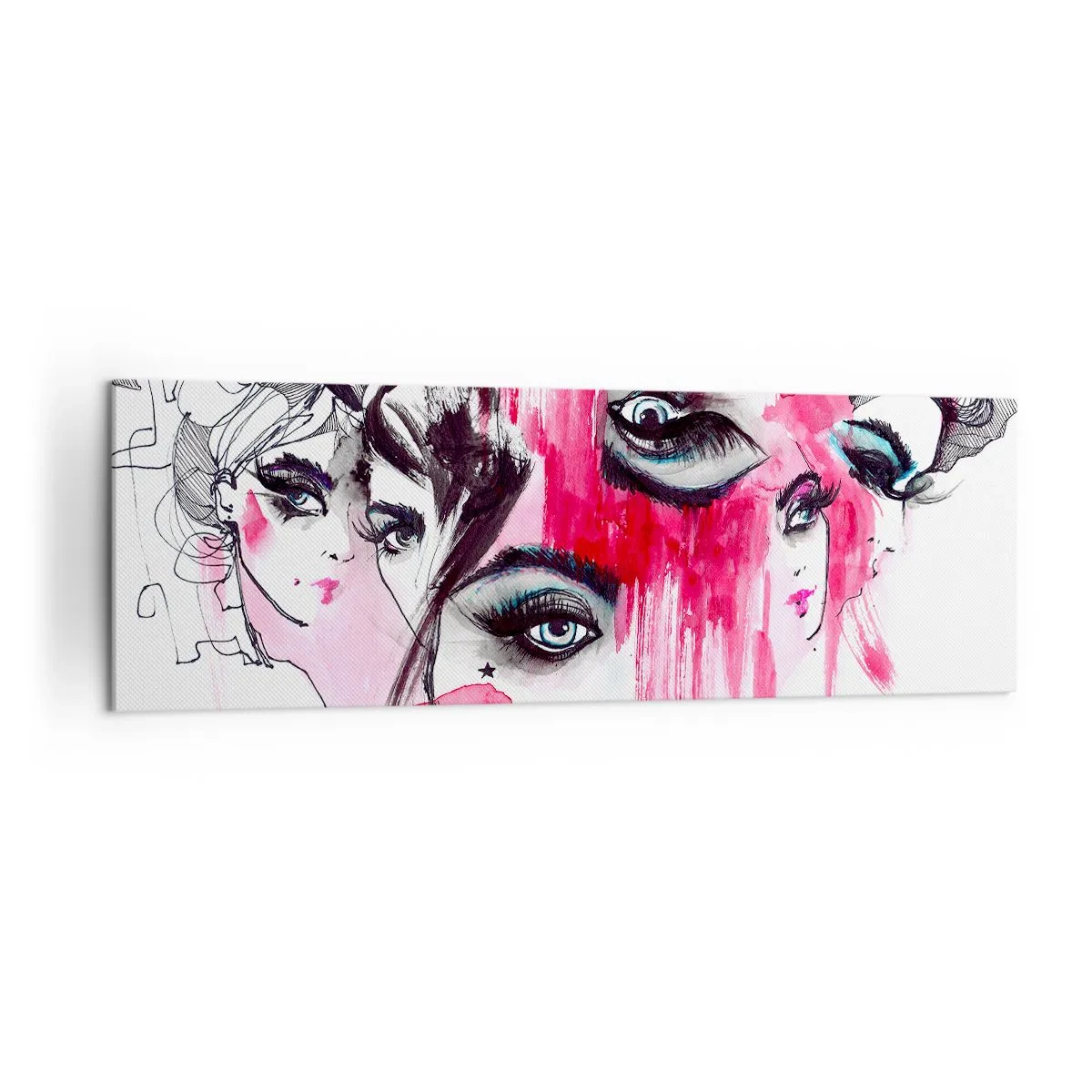 Cuadro sobre lienzo - Impresión de Imagen - Rostro abstracto en tonos rosa y negro. - 160x50cm - Ojos abstractos - Decoración de pared moderna para salón y dormitorio ARTTOR