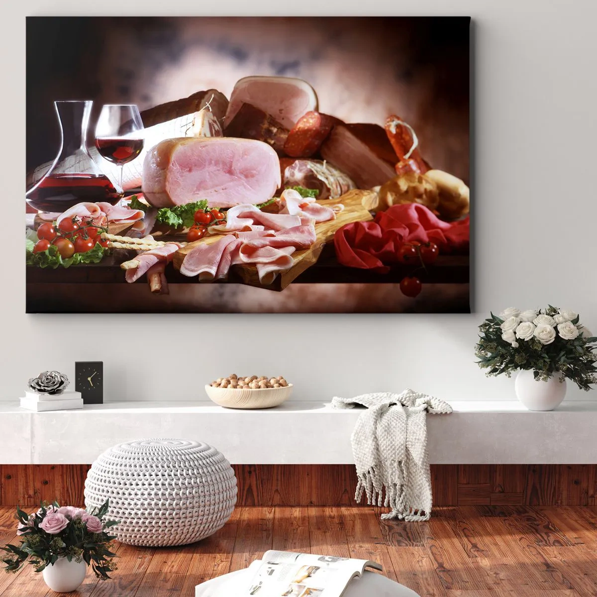 Cuadro sobre lienzo - Impresión de Imagen - Embutidos con vino sobre fondo rústico - 120x80cm - Un sueño culinario  - Decoración de pared moderna para salón y dormitorio ARTTOR
