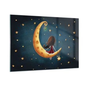 Cuadro sobre vidrio - Impresiones sobre Vidrio - Una niña en la luna entre las estrellas sobre un fondo azul marino. - 100x70cm - Érase una vez... - Decoración de pared moderna para salón y dormitorio ARTTOR