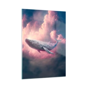 Cuadro sobre vidrio - Impresiones sobre Vidrio - Una ballena flotando en las nubes con un brillo rosado. - 50x70cm - La reina de los mares asciende - Decoración de pared moderna para salón y dormitorio ARTTOR