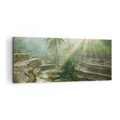 Cuadro sobre lienzo - Impresión de Imagen - Terrazas de arroz con palmeras bajo los rayos del sol - 120x50cm - Crecer bajo el sol - Decoración de pared moderna para salón y dormitorio ARTTOR