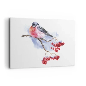 Cuadro sobre lienzo - Impresión de Imagen - Pájaro en una rama con frutos rojos en el fondo de acuarela - 100x70cm - Invierno en color - Decoración de pared moderna para salón y dormitorio ARTTOR