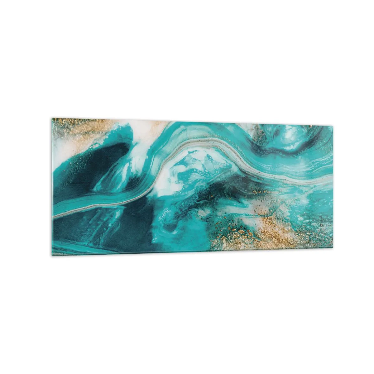 Cuadro sobre vidrio - Impresiones sobre Vidrio - Abstracción turquesa con acentos blancos y dorados. - 120x50cm - Río de oro - Decoración de pared moderna para salón y dormitorio ARTTOR