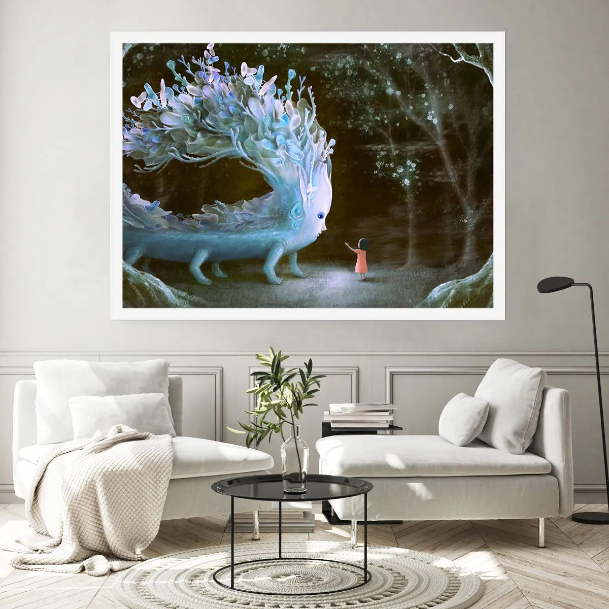 Póster - La figura de una niña frente a una criatura fantástica. - 100x70cm - Una reunión fantástica - Decoración de pared moderna para salón y dormitorio ARTTOR