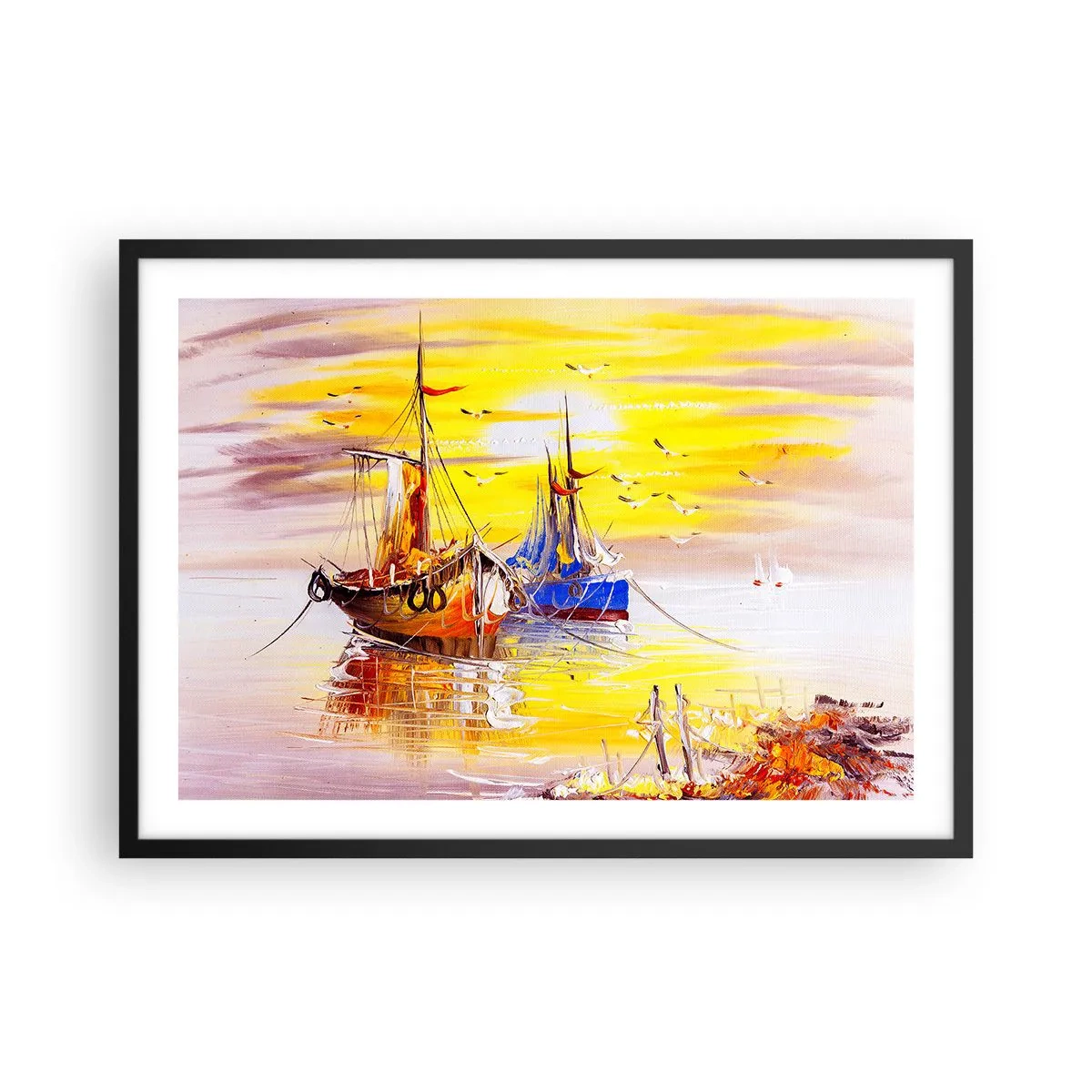 Póster en marco negro - Una escena pictórica de barcos en un mar en calma. - 70x50cm - Un merecido descanso en el puerto - Decoración de pared moderna para salón y dormitorio ARTTOR