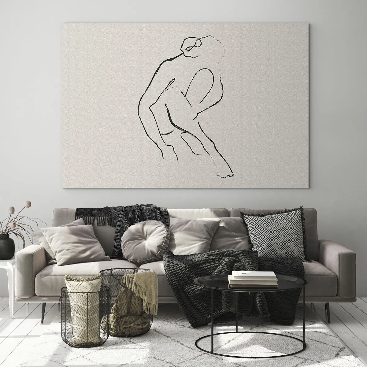 Cuadro sobre vidrio - Impresiones sobre Vidrio - Un boceto minimalista de una silueta femenina en posición sentada. - 120x80cm - Boceto íntimo - Decoración de pared moderna para salón y dormitorio ARTTOR
