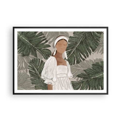 Póster en marco negro - Retrato de una mujer con un vestido blanco sobre un fondo de hojas de monstera. - 100x70cm - Retrato exótico - Decoración de pared moderna para salón y dormitorio ARTTOR
