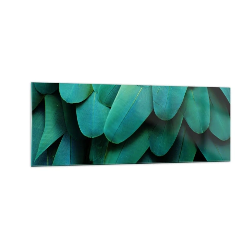 Cuadro sobre vidrio - Impresiones sobre Vidrio - Detalle de plumas en tonos verdes. - 140x50cm - La precisión de la naturaleza - Decoración de pared moderna para salón y dormitorio ARTTOR