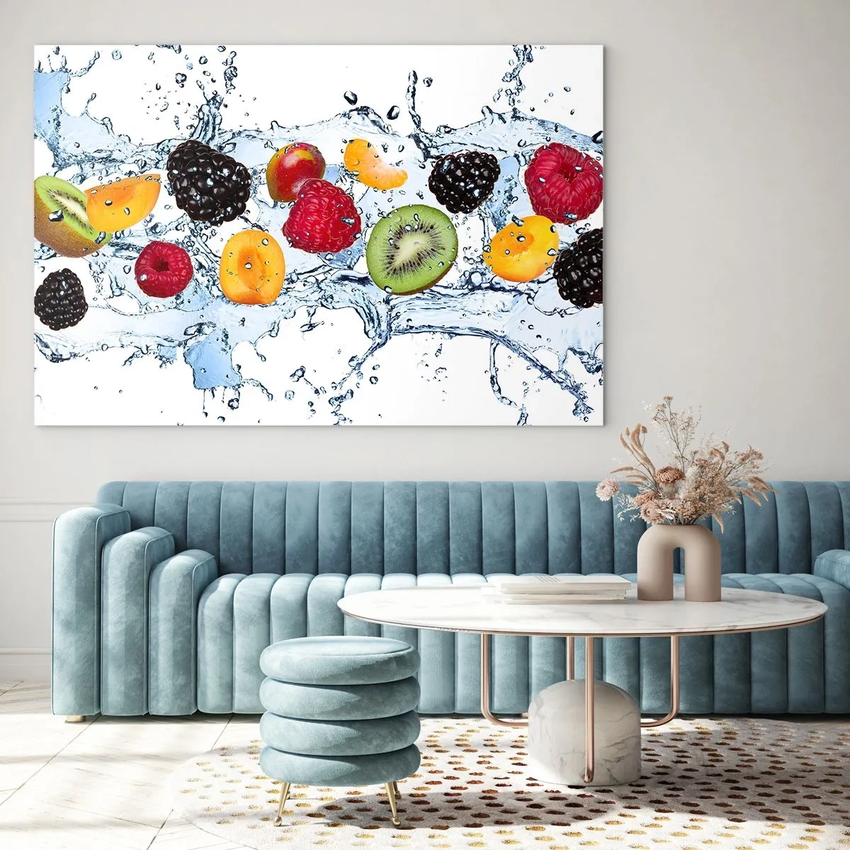 Cuadro sobre vidrio - Impresiones sobre Vidrio - Frutas coloridas en agua sobre un fondo blanco. - 70x50cm - Juega con nosotros - Decoración de pared moderna para salón y dormitorio ARTTOR