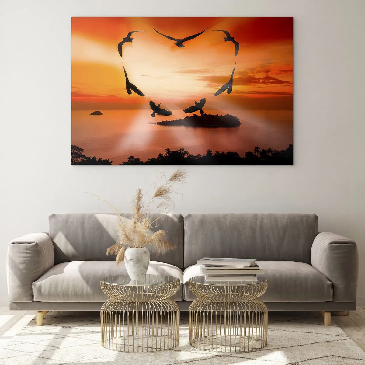 Cuadro sobre vidrio - Impresiones sobre Vidrio - Pájaros formando un corazón con el telón de fondo de una puesta de sol. - 70x50cm - Ama el mundo como los pájaros - Decoración de pared moderna para salón y dormitorio ARTTOR