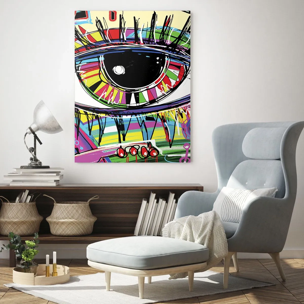 Cuadro sobre vidrio - Impresiones sobre Vidrio - Ojo de grafiti abstracto colorido - 80x120cm - Un ojo colorido - un alma colorida - Decoración de pared moderna para salón y dormitorio ARTTOR