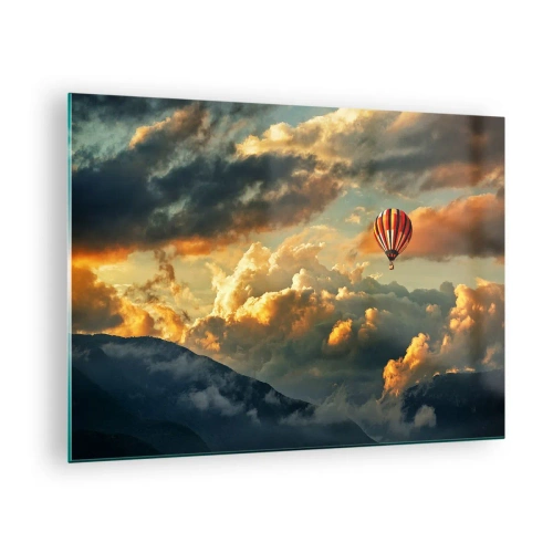 Cuadro sobre vidrio - Impresiones sobre Vidrio - Un globo flotando sobre las montañas entre las nubes al atardecer. - 70x50cm - Vuelo porque quiero - Decoración de pared moderna para salón y dormitorio ARTTOR