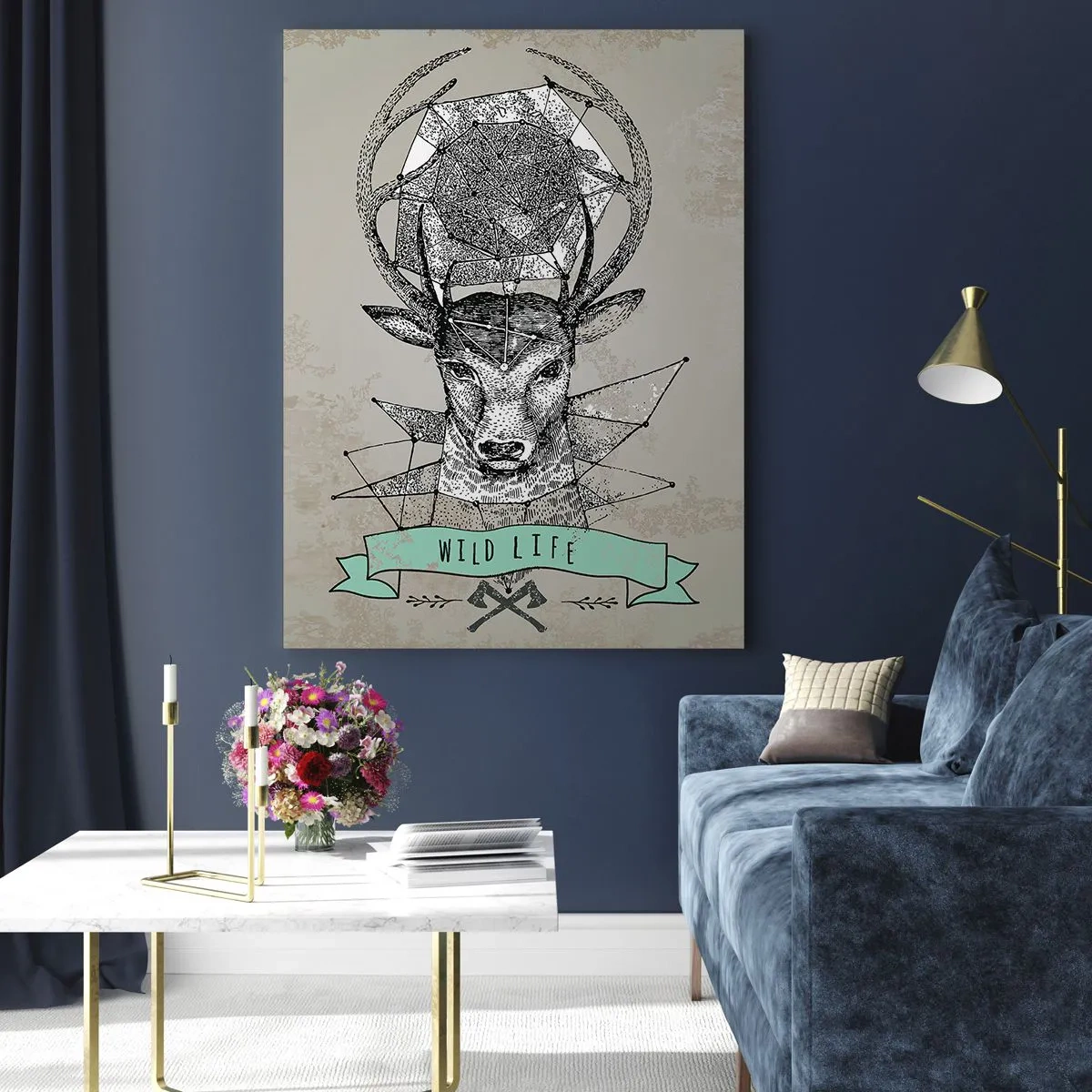 Cuadro sobre vidrio - Impresiones sobre Vidrio - Dibujo geométrico de un ciervo con la inscripción Vida Silvestre - 50x70cm - Visión de San Huberto - Decoración de pared moderna para salón y dormitorio ARTTOR