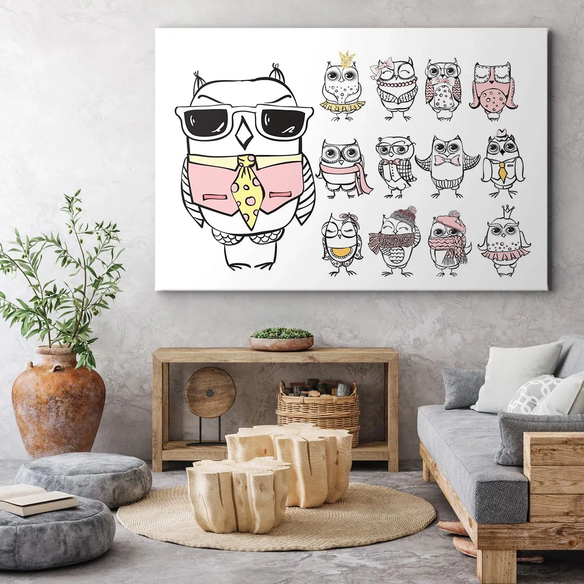 Cuadro sobre lienzo - Impresión de Imagen - Búhos en diferentes estilos y ropas. - 70x50cm - Tantos papeles que desempeñar - Decoración de pared moderna para salón y dormitorio ARTTOR