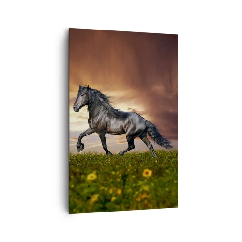 Cuadro sobre lienzo - Impresión de Imagen - Un caballo negro galopando contra el sol poniente. - 80x120cm - Príncipe negro - Decoración de pared moderna para salón y dormitorio ARTTOR