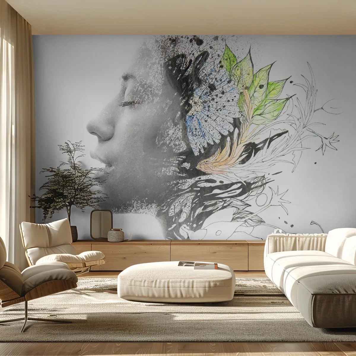 Fotomural Premium Canvas - Inmersión en la naturaleza - Abstracción, cara de mujer, flores - 200x140 cm