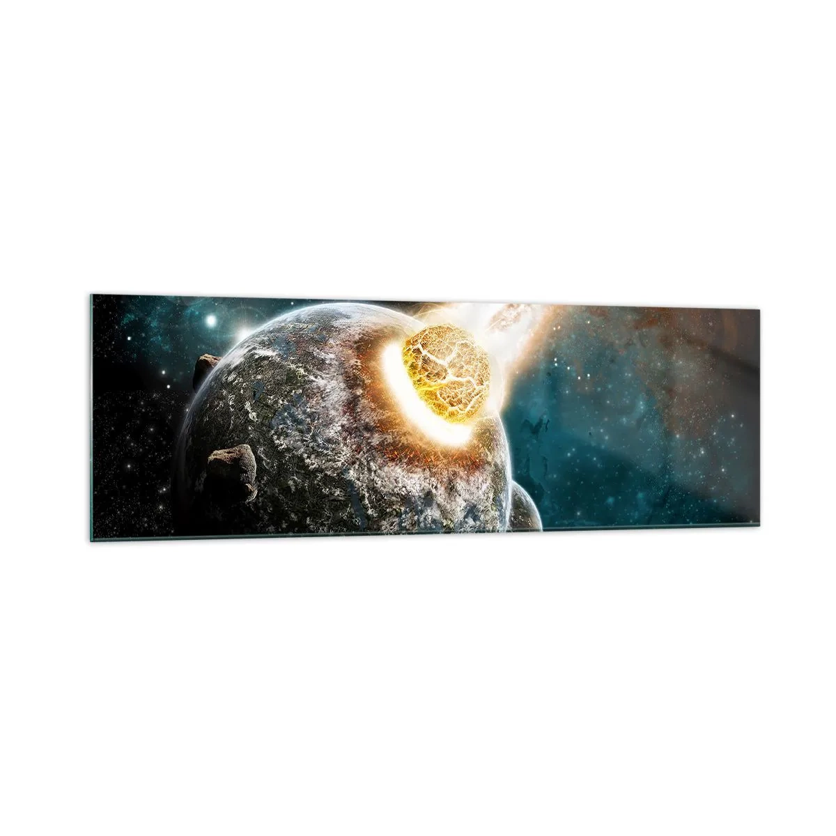 Cuadro sobre vidrio - Impresiones sobre Vidrio - Colisión cósmica de un planeta con un asteroide en las proximidades de la galaxia. - 160x50cm - ¿Condena o nacimiento? - Decoración de pared moderna para salón y dormitorio ARTTOR