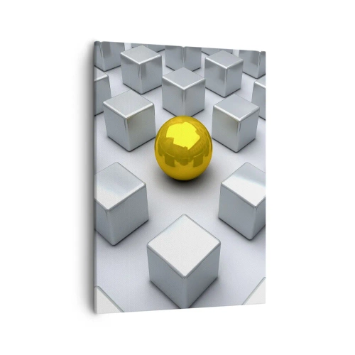 Cuadro sobre lienzo - Impresión de Imagen - Una esfera dorada que destaca entre los cubos plateados. - 50x70cm - ¿Por qué yo? Composición geométrica - Decoración de pared moderna para salón y dormitorio ARTTOR