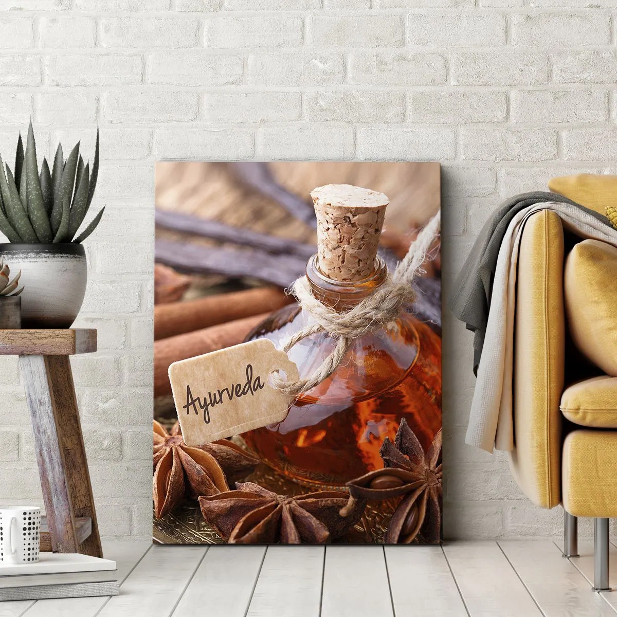 Cuadro sobre lienzo - Impresión de Imagen - Una botella de aceite de especias en una bandeja. - 50x70cm - Hacia la unidad del cuerpo y el espíritu - Decoración de pared moderna para salón y dormitorio ARTTOR