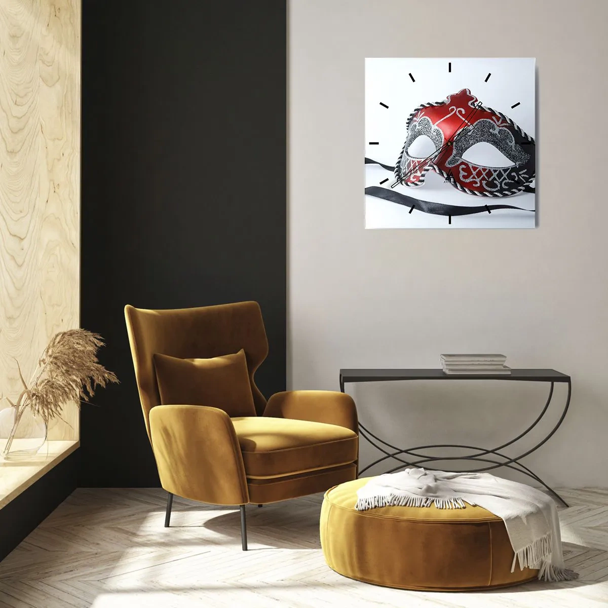Reloj de pared - Reloj de vidrio - Máscara de carnaval roja sobre un fondo claro - 30x30cm - Invitación al baile - Decoración de pared moderna para salón y dormitorio ARTTOR