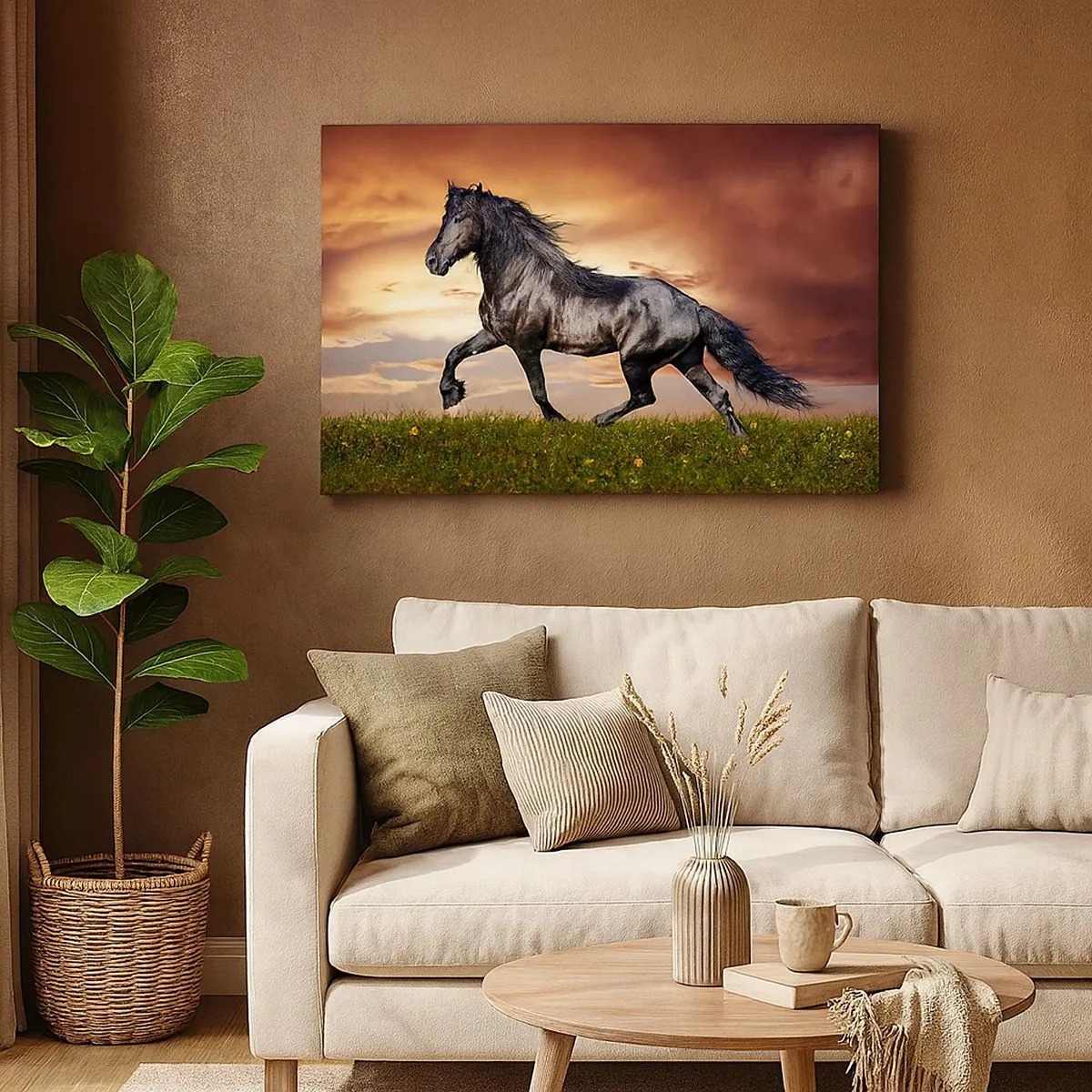 Cuadro sobre lienzo - Impresión de Imagen - Un caballo negro galopando contra el sol poniente. - 70x50cm - Príncipe negro - Decoración de pared moderna para salón y dormitorio ARTTOR