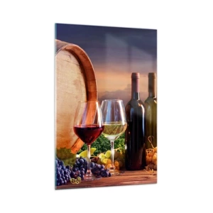 Cuadro sobre vidrio - Impresiones sobre Vidrio - Vino, copas y un barril en un paisaje pintoresco. - 70x100cm - Aquí la vida tiene un sabor - Decoración de pared moderna para salón y dormitorio ARTTOR
