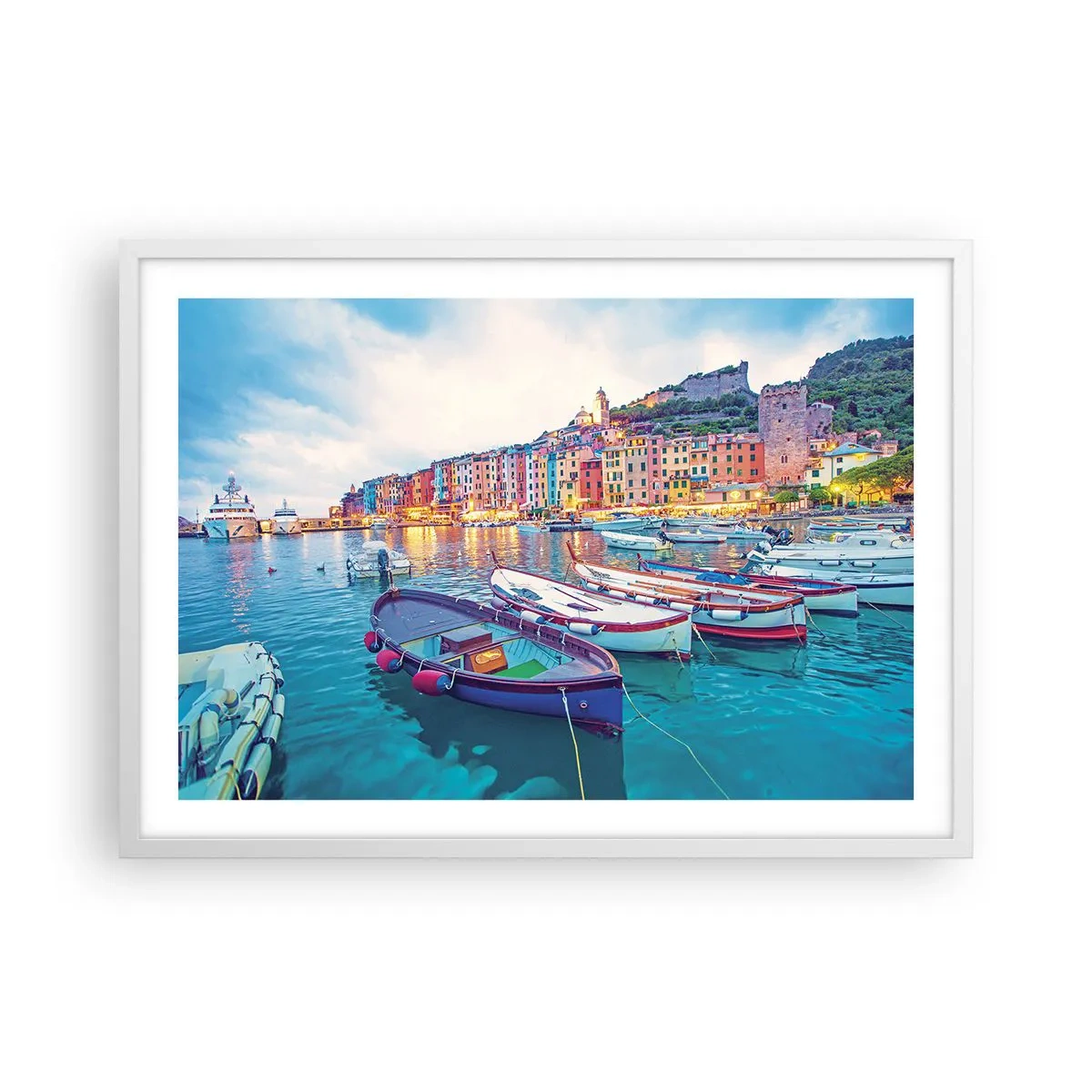 Póster en marco blanco - Una noche colorida en el puerto - 70x50 cm