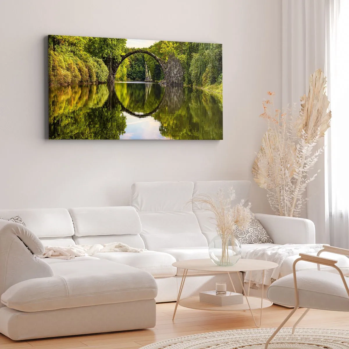 Cuadro sobre lienzo - Impresión de Imagen - Un puente de piedra sobre un río con un reflejo perfecto en el agua. - 160x50cm - En el punto de encuentro de dos mundos - Decoración de pared moderna para salón y dormitorio ARTTOR