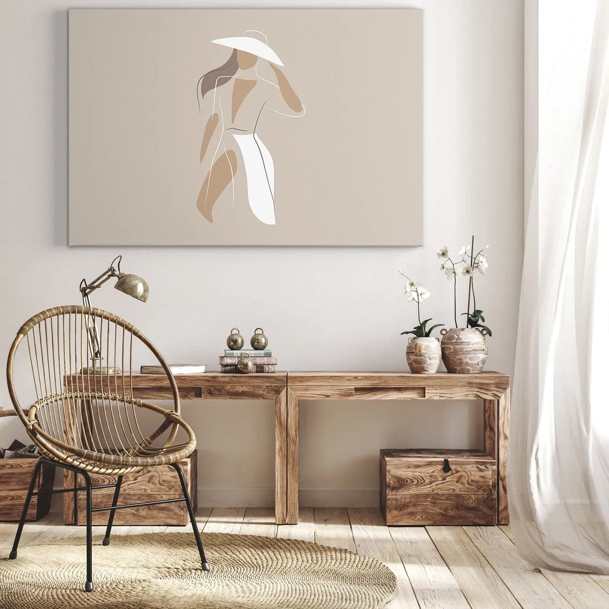 Cuadro sobre lienzo - Impresión de Imagen - Un dibujo minimalista de una mujer con sombrero sobre un fondo beige. - 70x50cm - La moda es alegría - Decoración de pared moderna para salón y dormitorio ARTTOR