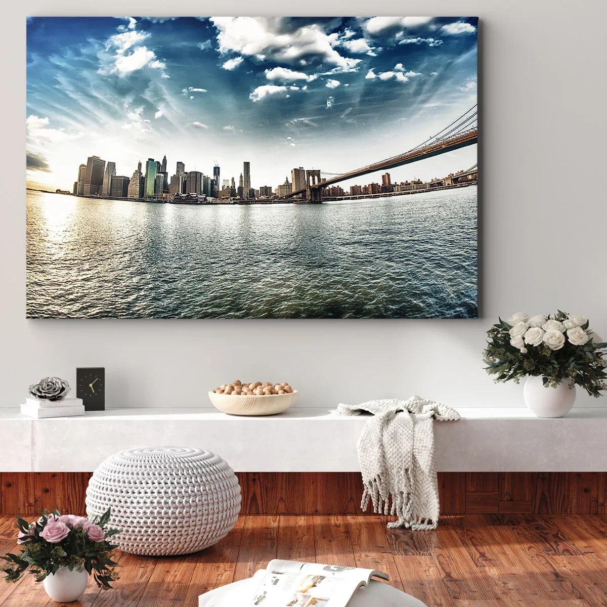 Cuadro sobre lienzo - Impresión de Imagen - Panorama de la ciudad con un puente contra el cielo azul. - 70x50cm - Isla de cristal - Decoración de pared moderna para salón y dormitorio ARTTOR